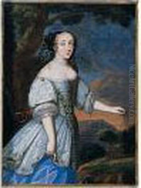 Portrait Of A Lady, 
Three-quarter Length, Wearing A White Silk Dress, In A Landscape At Dusk Oil Painting by Charles Beaubrun