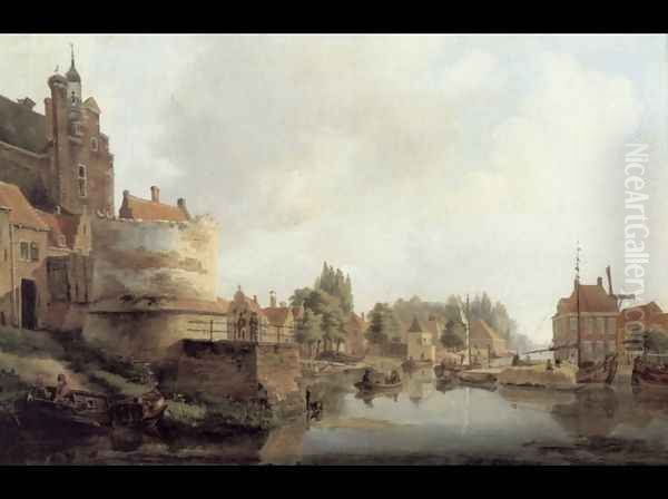 Unloading a Hay Barge, Rotterdam Oil Painting by Petrus Augustus Beretta