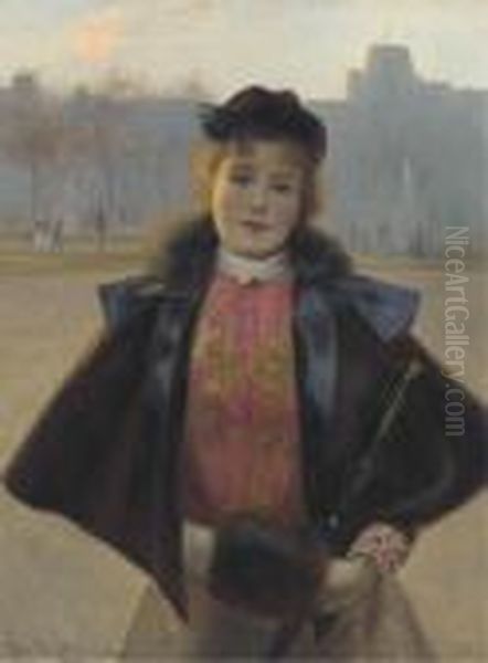 Portrait Of A Young Woman, Three
 Quarter Length, In A Winter Park With Fur Cape, Muff And Hat Oil Painting by Jean Beauduin
