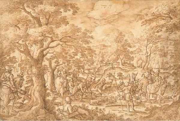 A stag hunt with huntsmen holding a stag at bay, an elegant horseman with a falcon and his companion riding sidesaddle to the right Oil Painting by Hans Bol