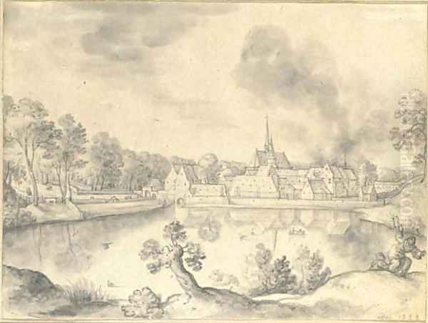 A village before a lake, with two figures in the foreground Oil Painting by Hans Bol