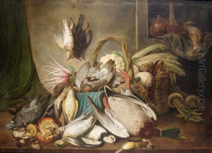 Still Life With Duck, 
Partridges, Pigeons, Woodcock, Songbirds And Other Various Other Game 
Birds Together With A Basket And Some Vegetables Oil Painting by Jacob Samuel Beck