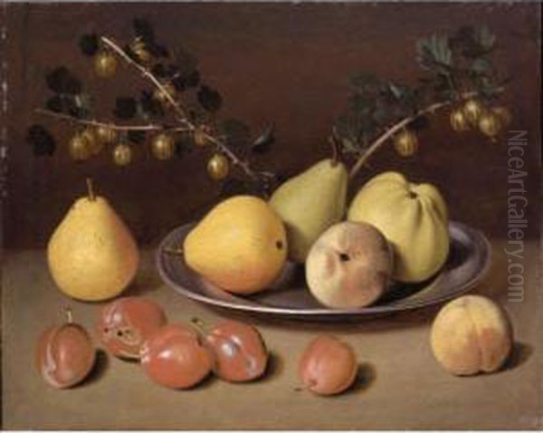 Still Life Of Pears, Apples And 
Gooseberries On A Platter Resting On A Ledge Scattered With Other Fruit Oil Painting by Jacob Samuel Beck