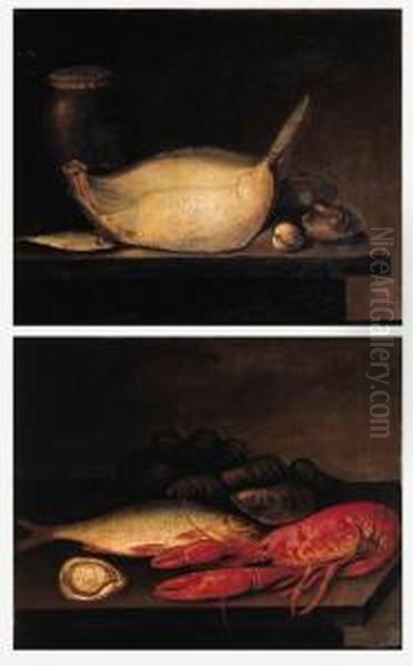 A Turbot, A Sardine, Oysters, 
Mussels And A Stone Ware Jug On Astone Ledge; And An Oyster, A Crayfish 
And A Mullet On A Stoneledge Oil Painting by Jacob Samuel Beck