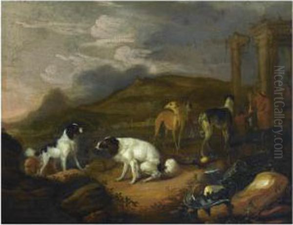 A Southern Landscape With Three 
Spaniels And Other Hounds, Twohuntsmen With A Dead Hare In The 
Background, Near Classicalruins Oil Painting by Adriaen Cornelisz. Beeldemaker