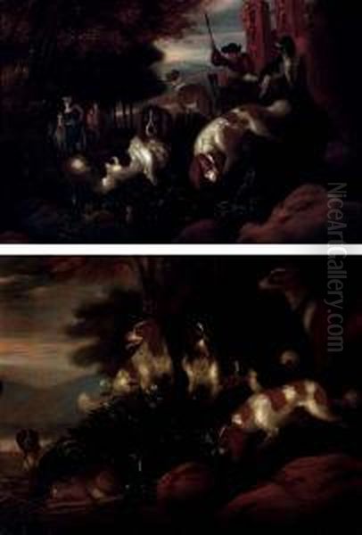 Hounds Staking Out The Hiding 
Place Of A Rabbit; And A Hunter With His Dog Near A Ruined Church, An 
Elegant Couple Arriving Through The Woods Beyond Oil Painting by Adriaen Cornelisz. Beeldemaker