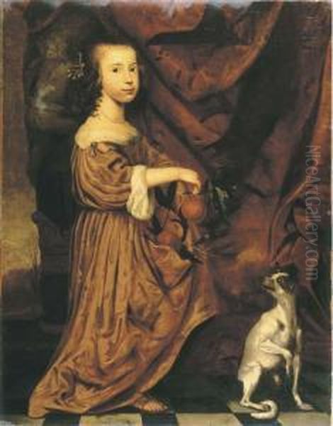 Portrait Of A Young Lady, 
Full-length, In An Orange Dress, Holdingtwo Appeltjes Van Oranje In Her 
Right Hand, Her Dog Beside Her, Ona Terrace Oil Painting by Adriaen Cornelisz. Beeldemaker