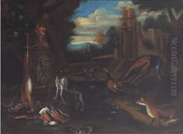 A Landscape With Dead Game, A 
Dog, A Falcon, A Pheasant, A Fox, Abadger And Other Animals In A 
Clearing Oil Painting by Adriaen Cornelisz. Beeldemaker
