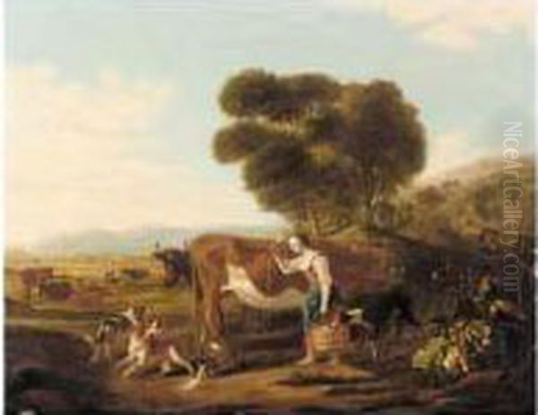 A Landscape With Cattle And A Dairy Maid Teasing A Dog Oil Painting by Adriaen Cornelisz. Beeldemaker