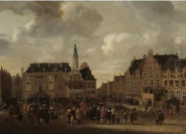 A View Of The Grote Markt In 
Haarlem, Looking From The St. Bavo Church Towards The Town Hall Oil Painting by Cornelis Beelt