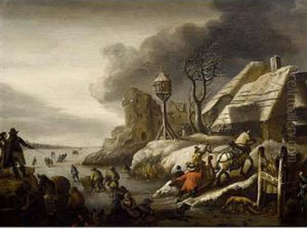 A Winter Landscape With Figures 
Skating On A Frozen Pond, A Horse Drawn Sleigh Returning Home Oil Painting by Cornelis Beelt