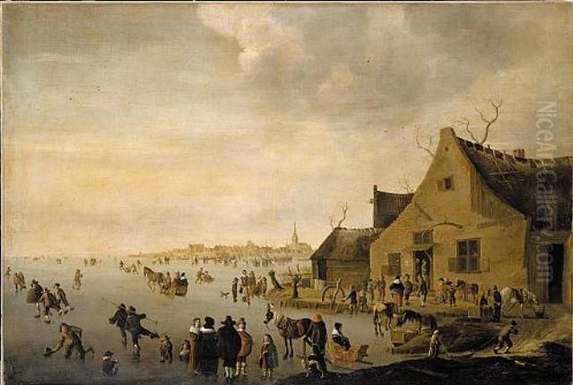 Skaters On A Frozen Lake At The Edge Of A Town Oil Painting by Cornelis Beelt