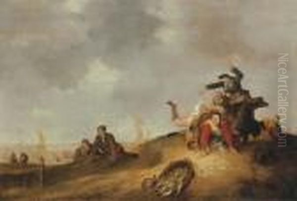 A Coastal Landscape With A 
Fisherwoman Tripping And Spilling Abasket Of Fish In The Dunes Oil Painting by Cornelis Beelt