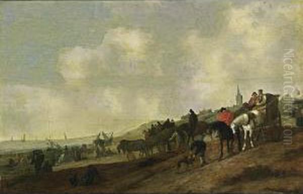 A Beach Scene With Fishermen 
Unloading Their Catch, And Figures Arriving In Horse-drawn Carts 
Together With Dogs, A Church Tower And A Village Beyond Oil Painting by Cornelis Beelt
