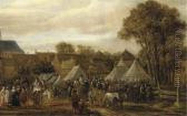 A Horse Fair, Said To Be 
Valkenburg, With Figures In Wagons And On Horseback By Booths Outside 
The Town Walls Oil Painting by Cornelis Beelt