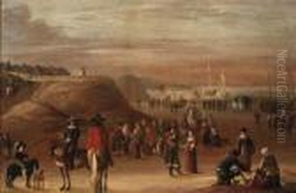 A Coastal Landscape With 
Peasants And Elegant Figures On The Shore,beached Fishing Boats Beyond Oil Painting by Cornelis Beelt