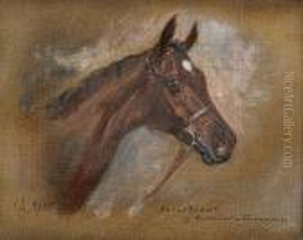 Covertcoat By Harckter - Cinnamon, Portrait Ofa Horse's Head With White Star Oil Painting by John Axel Beer