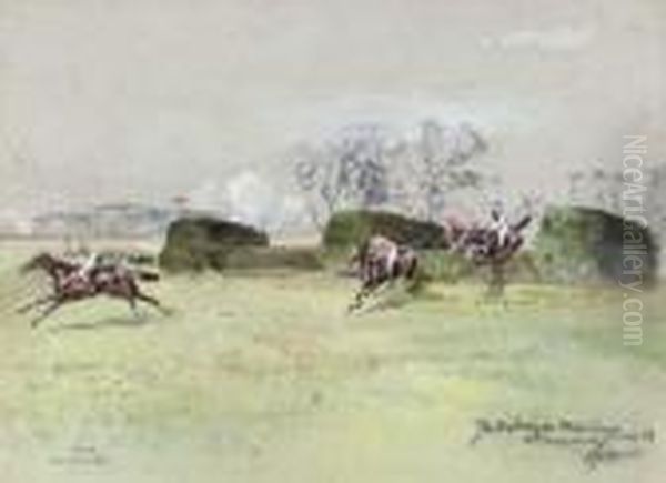 The Prince Of Wales's 
Steeplechase, 2nd Time Round, Sandown Park;and At The Water For The 
Prince Of Wales's Steeplechase, Sandownpark Oil Painting by John Axel Beer