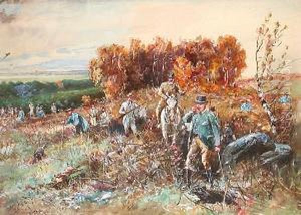 Flushing Them Out On A Rough Shoot Oil Painting by John Axel Beer