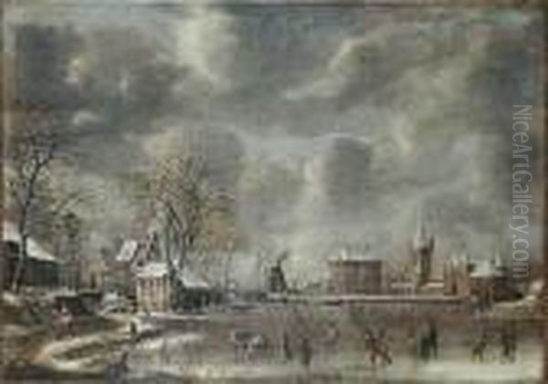 A Winter Landscape With Figures 
Skating Andplaying Kolf On A Frozen River At The Edge Of A Town Oil Painting by Jan Abrahamsz. Beerstraaten