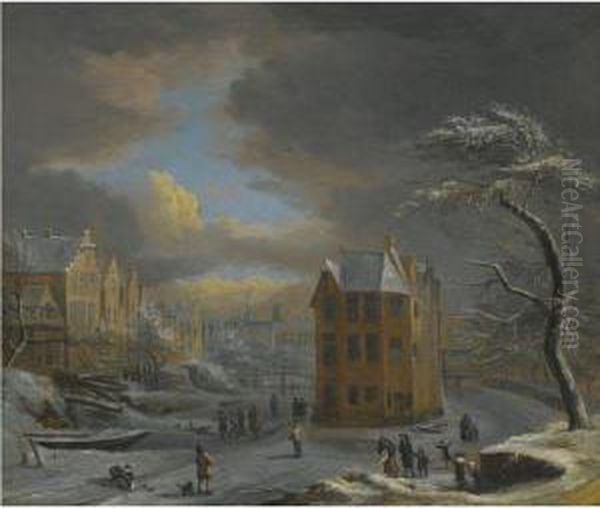 A Frozen Canal In Mid Winter With Skaters In The Foreground Oil Painting by Jan Abrahamsz. Beerstraaten