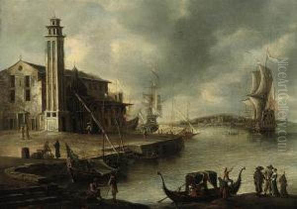 A Mediterranean Coastal 
Landscape With Elegant Figures Embarking A Boat, Dutch Men-o'-war And 
Other Shipping In A Harbour Oil Painting by Jan Abrahamsz. Beerstraaten