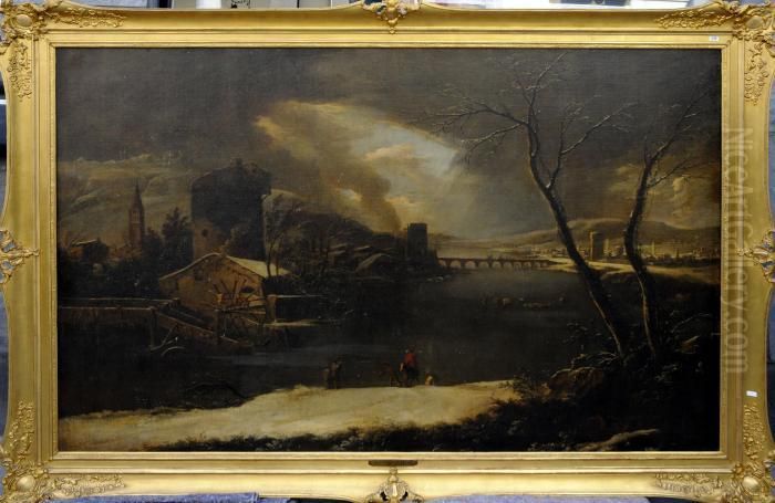 Paysage D'hiver Anime De Patineurs Sur La Riviere Gelee Oil Painting by Jan Abrahamsz. Beerstraaten