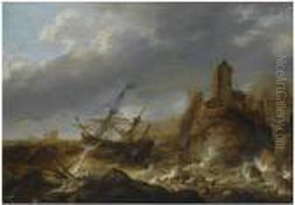 Ships In A Heavy Storm Along A 
Rocky Coast, Near A Fortifiedtown, Shipwrecked Figures In The Foreground Oil Painting by Jan Abrahamsz. Beerstraaten