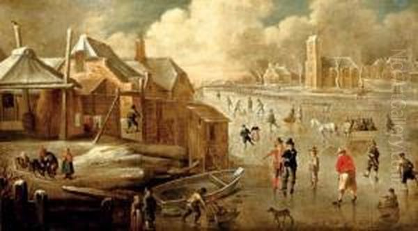 A Frozen Canal With Skaters And Men Playing 
Kolf Oil Painting by Jan Abrahamsz. Beerstraaten