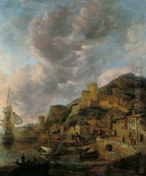 Und Ruderboote, Links Ankerndes 
Handelsschiff Mit Niederlandischer Flagge. Im Hintergrund Blick Auf Die 
Hafenstadt Mit Einer Burg Auf Einer Anhohe. Oil Painting by Jan Abrahamsz. Beerstraaten