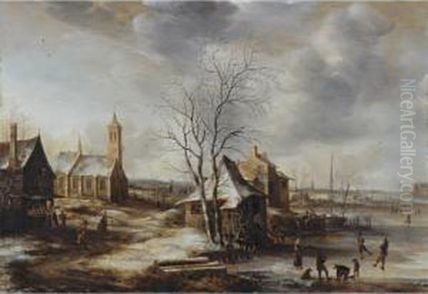 Sold By The J. Paul Getty Museum To Benefit Future Painting Acquisitions
 

 
 
 

 
 A Winter Landscape, Possibly Amerongen, With Skaters On A Frozen River And Figures Entering A Church To The Left Oil Painting by Jan Abrahamsz. Beerstraaten