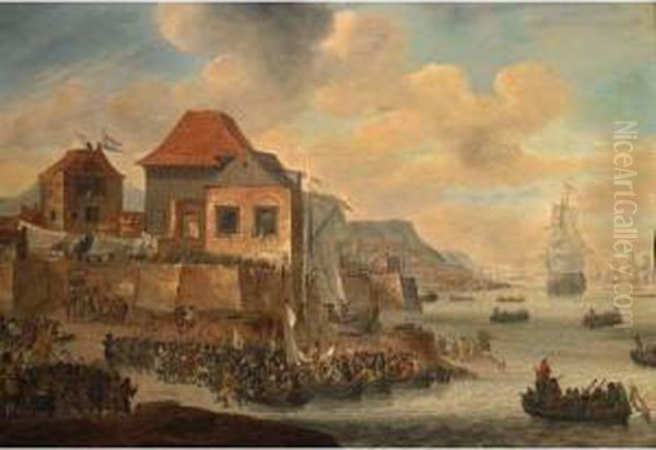 A Coastal Scene Said To Be The 
Landing At Sheerness On The Thames Of Michiel Adriaensz. De Ruyter And 
Troops During The Trip To Chatham (19-23 June 1667) Oil Painting by Jan Abrahamsz. Beerstraaten