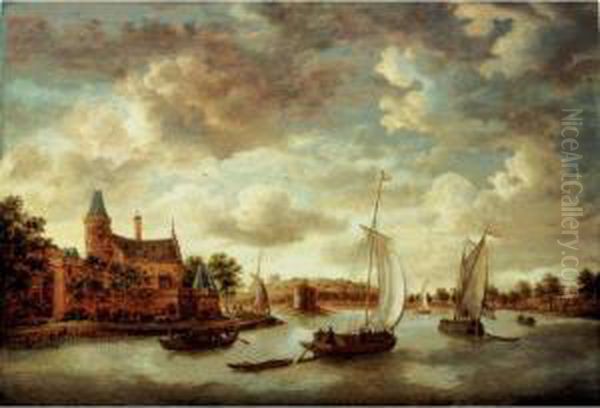 A River Landscape With Barges Passing A Chateau Oil Painting by Jan Abrahamsz. Beerstraaten