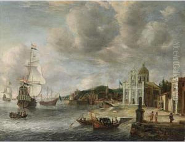 An Italianate Harbour Scene With
 Dutch Men-o'-war Moored, Yaughts And Rowing Boats Near The Quay, 
Figures Walking On A Square Near A Church Oil Painting by Jan Abrahamsz. Beerstraaten