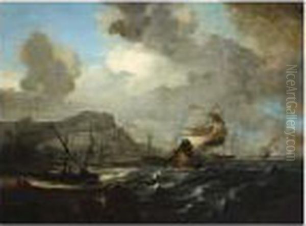 A View Of A Bay With Dutch East 
Indiamen And Other Sailing Vessels On A Stormy Sea, Fishing Boats 
Moored On The Beach Oil Painting by Jan Abrahamsz. Beerstraaten