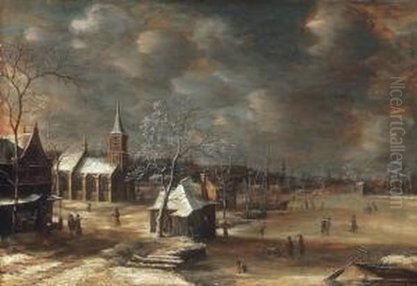 Winter Landscape With Country Church And Frozen Canal Oil Painting by Jan Abrahamsz. Beerstraaten