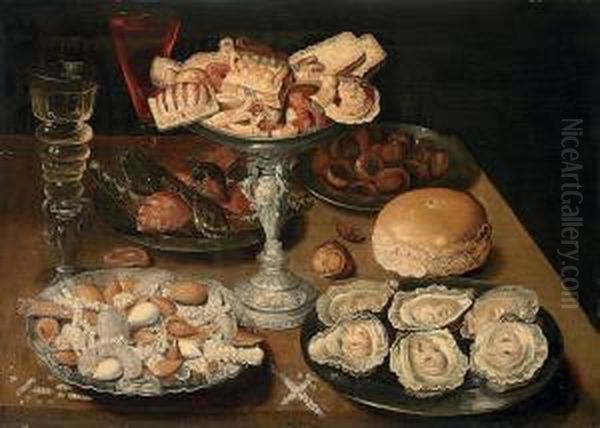 A Silver Tazza Of Sweetmeats, 
Pewter Platters Of Oysters, Almonds, Figs And Two Roemers Of Wine On A 
Table Oil Painting by Osias, the Elder Beert