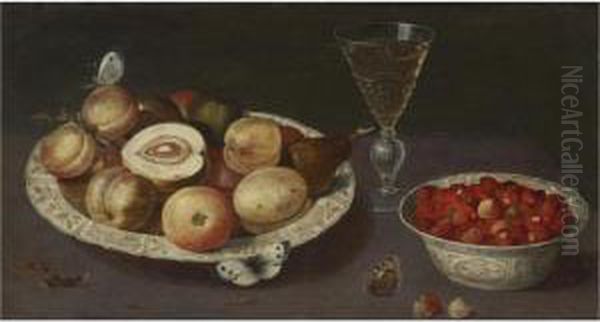 Still Life Of Peaches, Pears And
 Strawberries In Blue And White Porcelain Bowls With A Glass Of Wine And
 Butterflies Oil Painting by Osias, the Elder Beert