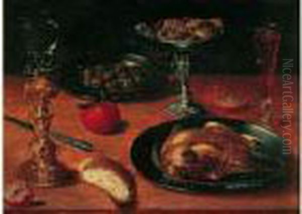 Nature Morte Aux Verre Monte, 
Volaille, Plats D'olives Et De Confiseries Sur Un Entablement Oil Painting by Osias, the Elder Beert