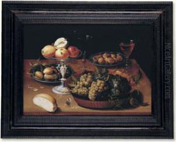 Grapes In A Dish, Apples In A 
Silver Tazza, Hazelnuts And Medlars On Pewter Plates, Glasses And A 
Bread Roll On A Wooden Table Oil Painting by Osias, the Elder Beert