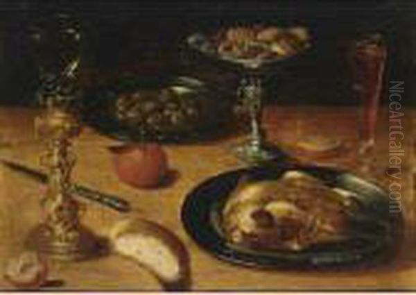 A Still Life With A Roast 
Chicken And Olives On Pewter Plates, A Roemer In A Silver-gilt Holder, 
An Orange, A Tazza With Cookies, A Wineglass, Together With A Knife And 
Bread, All On A Wooden Table Oil Painting by Osias, the Elder Beert