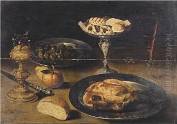 Still Life With A Roast Chicken 
On A Pewter Plate, Sweetmeats On A Tazza, A Roemer On A Gilt Stand, A 
Glass Of Wine, Olives In A Pewter Dish, A Knife, A Bread Roll And Fruit,
 All On A Table Oil Painting by Osias, the Elder Beert