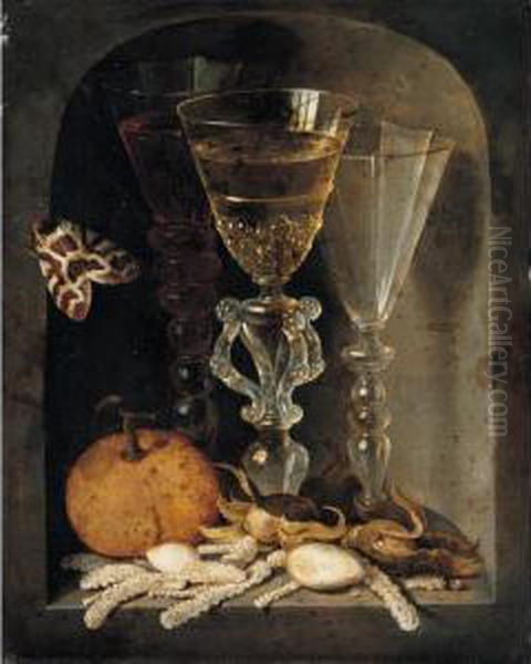 A Still Life Of Three Wine 
Glasses, An Orange, Sweetmeats, Hazelnuts And A Moth In A Stone Niche Oil Painting by Osias, the Elder Beert