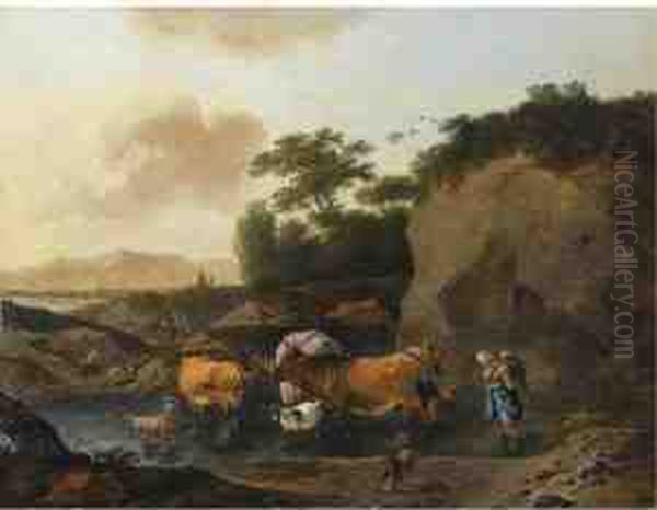 An Italianate Landscape With A 
Shepherd's Family Crossing A Streamwith Their Herd, A Dog In The 
Foreground Oil Painting by Abraham Jansz Begeyn