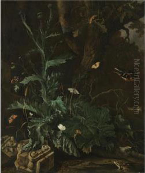 A Forest Floor With A Thistle, 
The Ruin Of An Ionic Column, Butterflies, A Toad, And A Songbird Oil Painting by Abraham Jansz Begeyn