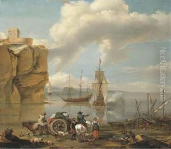 A Coastal Landscape With A 
Horseman, A Wagoner, Herdsmen Andstevedores, Three-masters And Mountains
 Beyond Oil Painting by Abraham Jansz Begeyn