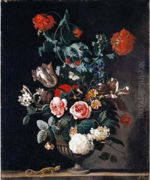 Still Life Of Flowers, Including
 Roses, Tulips And Chrysanthemums, In A Stone Vase With Butterflies And A
 Lizard Oil Painting by Abraham Jansz Begeyn