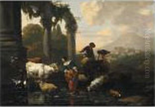 An Italianate Landscape With 
Maids And A Herder Tending Their Sheep And Cattle At A Watering-hole Oil Painting by Abraham Jansz Begeyn