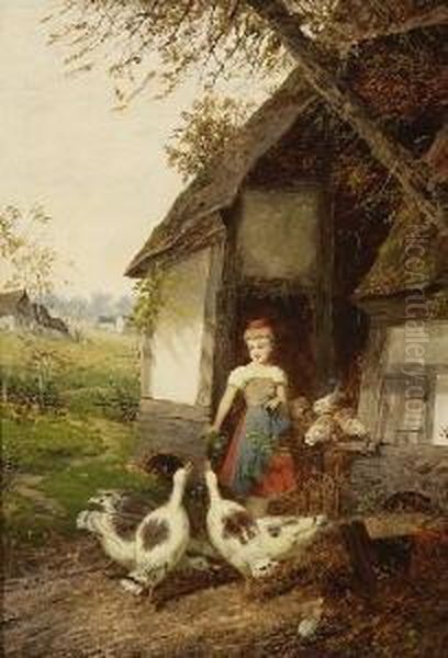 Junges Madchen Beim Futtern Der
 Ganse Oil Painting by Fritz Beinke