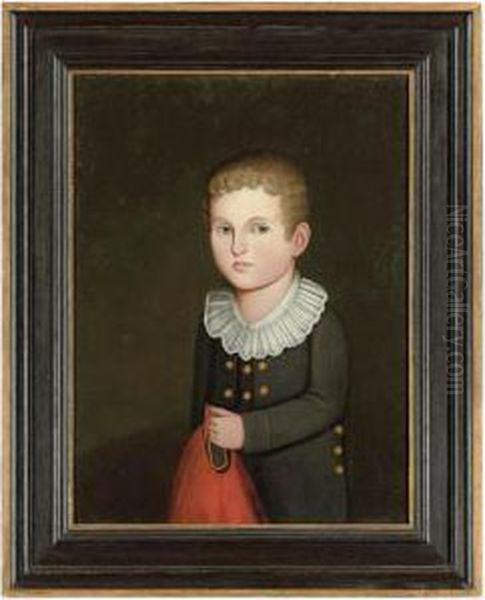 Portrait Of A Young Blond Boy In
 A Buttoned Navy Blue Jacket And Ruffled Collar, Holding A Red 
Drawstring Gunnysack Oil Painting by Zedekiah Belknap